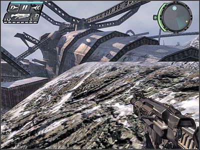 Teraz będziesz musiał obrócić się w prawo i skierować na ukazaną na screenie konstrukcję - Etap 10 - Point of Impact cz.5 | TimeShift - TimeShift - poradnik do gry