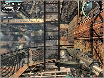 Zabierz ze skrzyni kuszę, a następnie schowaj się, gdyż w Twoją stronę zmierza kilku wrogów - Etap 15 - Factory Recall cz.1 | TimeShift - TimeShift - poradnik do gry