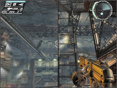 Skieruj się teraz w stronę słupa, który znajduje się najbliżej widocznych w oddali dwóch oszklonych pomieszczeń - Etap 15 - Factory Recall cz.2 | TimeShift - TimeShift - poradnik do gry