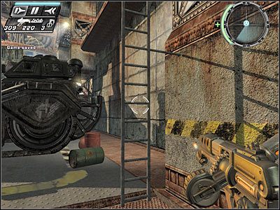 Od razu skieruj się w stronę drugiej drabiny, tak aby zejść na nieco niższą platformę - Etap 15 - Factory Recall cz.4 | TimeShift - TimeShift - poradnik do gry