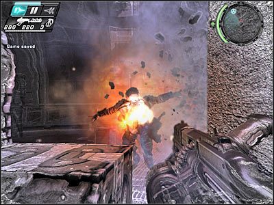 Zbliż się teraz do przedstawionej na screenie platformy, prowadzącej do dalszej części fabryki - Etap 16 - Some Assembly Required cz.3 | TimeShift - TimeShift - poradnik do gry