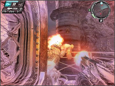 Następny w kolejce powinien być wrogi snajper, okupujący ukazaną na screenie lewą wieżę - Etap 18 - Exeunt cz.2 | TimeShift - TimeShift - poradnik do gry