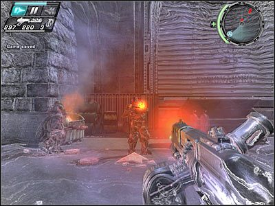 Kolejni wrogowie pojawią się po prawej stronie, tak więc proponowałbym ukryć się za stojącym tu wózkiem widłowym - Etap 20 - Gate Crashers cz.1 | TimeShift - TimeShift - poradnik do gry