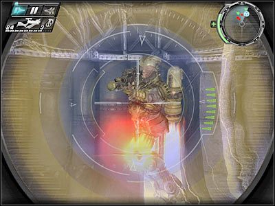 Skieruj się teraz na prawy balkonik, a następnie zlokalizuj drabinę, dzięki której będziesz mógł zejść na dół - Etap 21 - The Wind Tunnel cz.2 | TimeShift - TimeShift - poradnik do gry