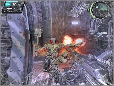 Po dotarciu na górę zabij stojącego po prawej stronie ochroniarza oraz tych gostków, którzy widoczni są w oddali - Etap 22 - Repo Men cz.2 | TimeShift - TimeShift - poradnik do gry