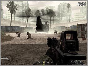 Gdy w okolicy nie będzie już śladu po bojownikach, jeden z żołnierzy otworzy kopniakiem drzwi do budynku (#106) - Świnia bojowa | Solucja Call of Duty 4: Modern Warfare - Call of Duty 4: Modern Warfare - poradnik do gry