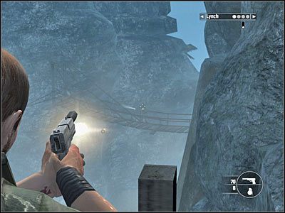 Podejdź teraz do krawędzi zniszczonego mostu i w ukazanym na screenie miejscu zaczep linę - Rozdział 13 - Birds Eye View cz.4 | Kane & Lynch Dead Men - Kane & Lynch: Dead Men - poradnik do gry
