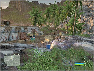 Przejdź teraz w lewo i ustaw się przy niewielkim budynku - Crysis: Misja 1, Contact - Wyłączenie urządzenia zakłócającego - solucja - Crysis - poradnik do gry