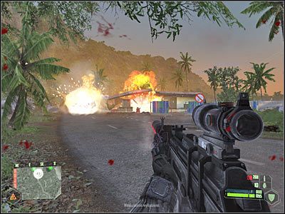 Uważaj jednak, gdyż eksplozja stacji mogła zwrócić uwagę tych wrogów, którzy znajdują się niedaleko Twojej pozycji - Crysis: Misja 4, Assault - Zniszczenie dział przeciwlotniczych cz.2 - solucja - Crysis - poradnik do gry