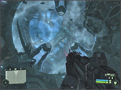 Po przedostaniu się przez wszystkie pola siłowe skieruj się do pokazanego na screenie lewego tuneliku - Crysis: Misja 7, Core - Odnalezienie miejsca do ewakuacji cz.4 - solucja - Crysis - poradnik do gry