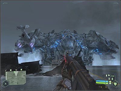 Proponowałbym dla bezpieczeństwa schować się za jednym z wraków, najlepiej gdzieś na wprost okrętu wojennego a niedaleko składów amunicji - Crysis: Misja 11, Reckoning - Zniszczenie okrętu wojennego Obcych - solucja - Crysis - poradnik do gry