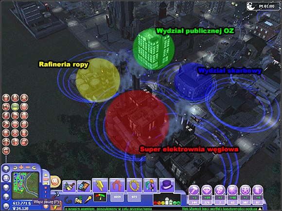 Niebieskie kręgi wyznaczają zasięg działania budynków. - Wpływ budynków na otoczenie | Projektowanie miasta | SimCity Społeczności - SimCity Społeczności - poradnik do gry