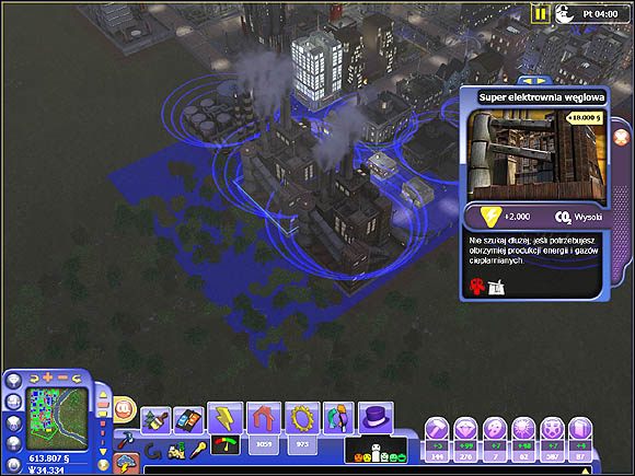 Niebieskie pole oznacza zasięg działania elektrowni - Wpływ budynków na otoczenie | Projektowanie miasta | SimCity Społeczności - SimCity Społeczności - poradnik do gry