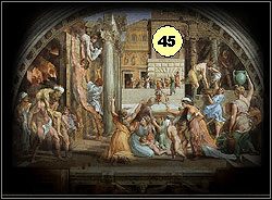 Będąc wewnątrz muzeum możesz pooglądać sobie malowidła na ścianach, lepiej jednak od razu uderz do czwartej w kolejności sali, gdzie znajduje się interesujący cię fresk Rafaela Pożar Borgo - Rozdział V - Ujawnienie tajemnicy (Rzym) | Belief & Betrayal Medalion Judasza - Belief & Betrayal: Medalion Judasza - poradnik do gry