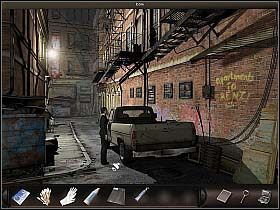 Dojechawszy na miejsce, skieruj się w zaułek (na lewo od samochodu) - Melina gangsterów (1) | Dzień 2 | Art of Murder Sztuka Zbrodni - Art of Murder: Sztuka Zbrodni - poradnik do gry