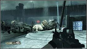 Po zwycięskim starciu opuść budynek, pozbieraj rozrzuconą w pobliżu amunicję i przejdź do dalszej części etapu mijając zgrupowanie zniszczonych pojazdów - RACHEL - ...Fighting Them Over Here | BlackSite Area 51 - BlackSite: Area 51 - poradnik do gry