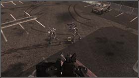 Będąc na górze (bonus ) wyeliminuj znajdujących się tam wrogów i skorzystaj ze znajdującego się tam działa, by pozbyć się oponentów na parkingu (pojawia się ci roboto-podobni) - COUNTER-INSURGENCY - Rules of Engagments | BlackSite Area 51 - BlackSite: Area 51 - poradnik do gry