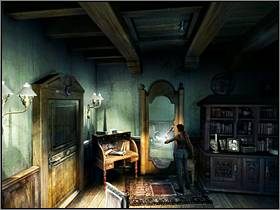 Rozejrzyj się po pokoju, weź apteczkę , talizman zapisu oraz klucz uniwersalny - Posiadłość Mortonów (3) | Aline Cedrac | Alone in the Dark Koszmar powraca - Alone in the Dark: Koszmar powraca - poradnik do gry