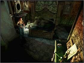 Z szafki stojącej obok łóżka zabierz paczkę pocisków fosforowych do strzelby, a z kominka talizman zapisu - Posiadłość Mortonów (4) | Aline Cedrac | Alone in the Dark Koszmar powraca - Alone in the Dark: Koszmar powraca - poradnik do gry