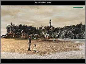 Sprzed kabiny nr 3 można dostać się w trzy miejsca: do sąsiedniej kabiny (nr 2), na południowy brzeg (kursor z prawej strony kabiny nr 3) i na wschodni brzeg (kursor w prawym dolnym rogu ekranu) - Poradnik do gry - Dzień pierwszy (cz.1) | Reprobates U Bram Śmierci - Reprobates: U Bram Śmierci - poradnik do gry