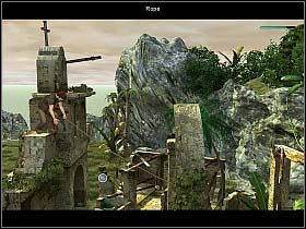 Tu po linie, wiszącej wewnątrz stojącej po lewej wieży, wdrapuje się na szczyt budowli - Dzień siódmy (cz.1) | Reprobates U Bram Śmierci - Reprobates: U Bram Śmierci - poradnik do gry