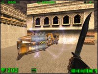 Sekret #2: Kiedy wejdziemy po schodach do miejsca, gdzie rozpoczyna się świątynia, po ustawieniu się wzdłuż prawej ściany na rogu możemy wyskoczyć po barierkach po rakietnice - 01: Hatshepshut | Serious Sam Pierwsze starcie - Serious Sam: Pierwsze starcie - poradnik do gry