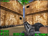 Sekret #2: Natomiast w lewym rogu zauważymy palmę blokującą przejście pomiędzy zabudowaniami - wystarczy jeden strzał i mamy dostęp do napoju leczniczego - 08: Przedmieścia | Serious Sam Pierwsze starcie - Serious Sam: Pierwsze starcie - poradnik do gry