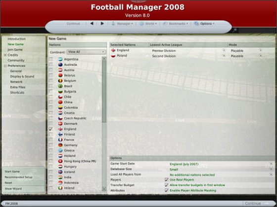 Wszystkie zakładki z kolumny po lewej stronie ekranu nas na razie nie obchodzą - Kreacja menedżera i wybór zespołu - Football Manager 2008 - poradnik do gry
