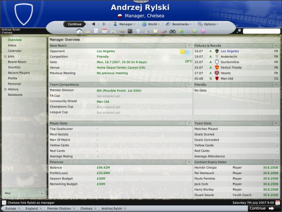 Generalnie warsztat menedżera składa się z głównej tabeli i menu umieszczonych na górnej, dolnej i lewej krawędzi ekranu - Główny ekran - Warsztat pracy menedżera - Football Manager 2008 - poradnik do gry