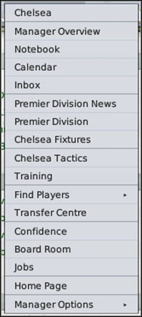 Zdecydowana większość tych czynności jest dostępna poprzez ikonki, z których korzystamy najczęściej, dlatego też tutaj skoncentruję się na zestawie dostępnym tylko przez zakładkę Manager - Zakładka Manager - Warsztat pracy menedżera - Football Manager 2008 - poradnik do gry