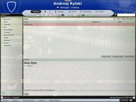 Notebook - jak sama nazwa wskazuje można tu tworzyć, przeglądać i edytować własne notatki - Zakładka Manager - Warsztat pracy menedżera - Football Manager 2008 - poradnik do gry
