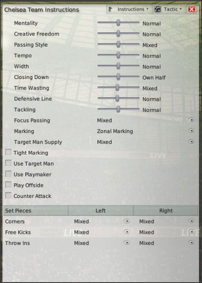 Tu określamy ustawienia zespołowe - Taktyka (2) - Prowadzenie drużyny - Football Manager 2008 - poradnik do gry
