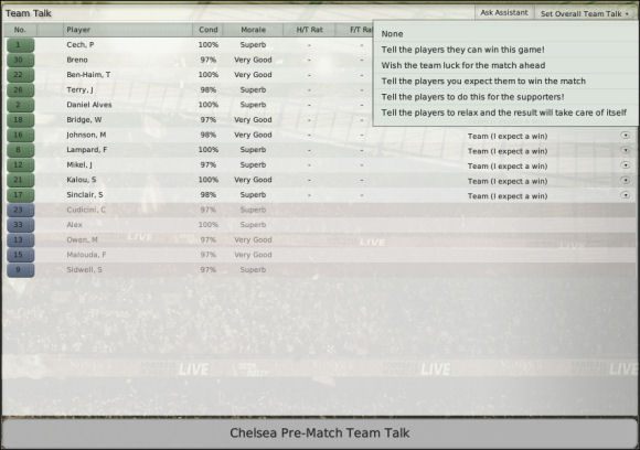 Komentarze możemy przydzielać każdemu piłkarzowi z osobna albo też wybrać wspólny dla całej drużyny z zakładki Set Overall Team Talk - Rozmowy motywacyjne - Mecz - Football Manager 2008 - poradnik do gry