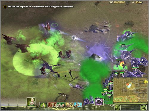 Dopiero po wstępnym zabezpieczeniu tej sekcji mapy przystąp do właściwego ataku, skupiając całą swoją uwagę na wrogiej maszynie kroczącej - Misja 1 (cz.3) | Masari | Universe at War Earth Assault - Universe at War: Earth Assault - poradnik do gry