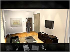 W trakcie telefonowania Dave przechodzi do drugiej części pokoju, skąd kieruje się do drzwi (kliknij strzałkę wskazującą dół ekranu, by zmienić widok na prezentujący wyjście) - Niedziela, przedpołudnie (cz.1) | Rozdział 1 - Rozbite szkło | Overclocked - Overclocked: Historia o przemocy - poradnik do gry