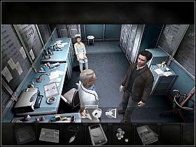 Wreszcie Moretti żegna się, a Dave idzie porozmawiać z przebywającym w kabinie doktorem Youngiem (w prawo) - Niedziela, przedpołudnie (cz.2) | Rozdział 1 - Rozbite szkło | Overclocked - Overclocked: Historia o przemocy - poradnik do gry