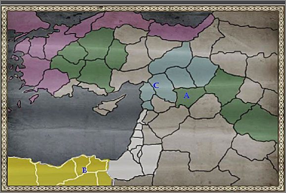 Przyjmijmy że grasz Turcją ( ciemnozielony kolor), i obawiasz się że królestwo Antiochii ( C ) - zaatakuje i odbierze Twą prowincje (A) - Zasady polityki - Medieval II: Total War - Królestwa - poradnik do gry