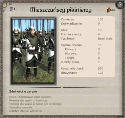 Podstawowa jednostka pełniąca rolę milicji miejskiej, znakomici w obronie staranowanych bram, oraz najskuteczniejsza formacja obronna zakonu przeciwko szarży kawalerii Długie piki naturalnie umożliwiają uformowanie muru włóczni - Zakon Krzyżacki - Armia (1) - TEUTONIC - Medieval II: Total War - Królestwa - poradnik do gry