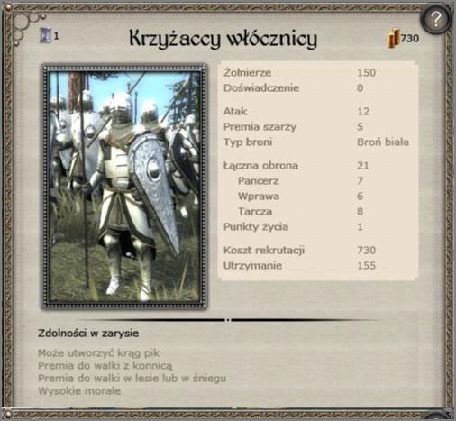 Najpotężniejsze oddziały włócznicze jakie kiedykolwiek wprowadzono do gry Mediewal II Potrafią w rozproszonym szyku skutecznie zatrzymać szarże najpotężniejszej konnicy wroga ( każdej ), znakomite morale, wyśmienita obrona oraz przyzwoity atak z szarży - Zakon Krzyżacki - Armia (2) - TEUTONIC - Medieval II: Total War - Królestwa - poradnik do gry