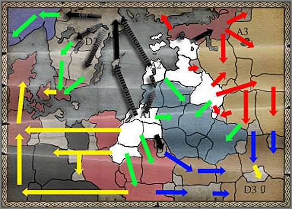 Zalecane Ruchy wojsk opisane w Akcie II, zaznaczone są czerwonymi strzałkami - Zakon Krzyżacki - Ekspansja (1) - TEUTONIC - Medieval II: Total War - Królestwa - poradnik do gry