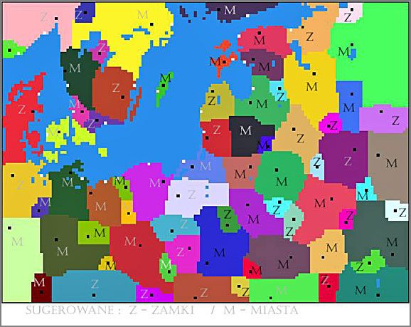 Czarne kropki to lokacje miast/zamków, literka wskazuje rodzaj obiektu - Wlk. Księstwo Litewskie - Budownictwo i Ekonomia - TEUTONIC - Medieval II: Total War - Królestwa - poradnik do gry