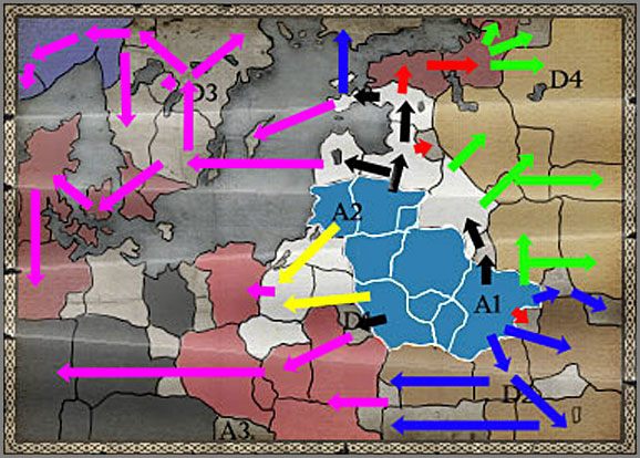 Zalecane Ruchy wojsk opisane w Akcie I, zaznaczone są czarnymi strzałkami - Wlk. Księstwo Litewskie - Ekspansja - TEUTONIC - Medieval II: Total War - Królestwa - poradnik do gry