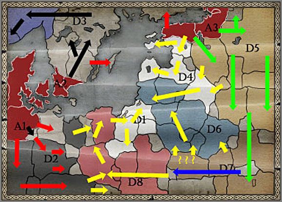 Zalecane Ruchy wojsk opisane w Akcie I, zaznaczone są czarnymi strzałkami - Królestwo Dani - Ekspansja - TEUTONIC - Medieval II: Total War - Królestwa - poradnik do gry