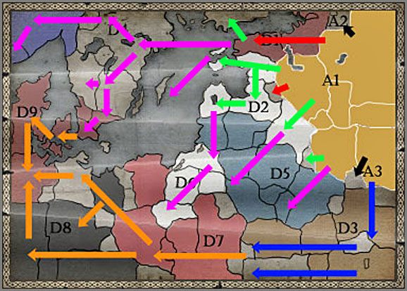 Zalecane Ruchy wojsk opisane w Akcie VI, zaznaczone są pomarańczowymi strzałkami - Nowogród - Ekspansja - TEUTONIC - Medieval II: Total War - Królestwa - poradnik do gry