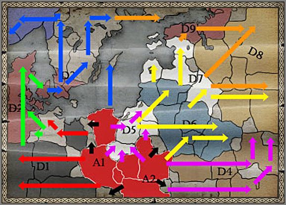 Zalecane Ruchy wojsk opisane w Akcie I, zaznaczone są czarnymi strzałkami - Królestwo Polskie - Ekspansja - TEUTONIC - Medieval II: Total War - Królestwa - poradnik do gry