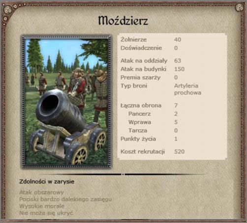 Potężny kilkudziesięciocalowy moździerz, potrafi skutecznie ostrzelać ukryte za murami miasta formacje wroga, jak i niszczyć fortyfikacje - Anglia - Armia (3) - BRITANNIA - Medieval II: Total War - Królestwa - poradnik do gry