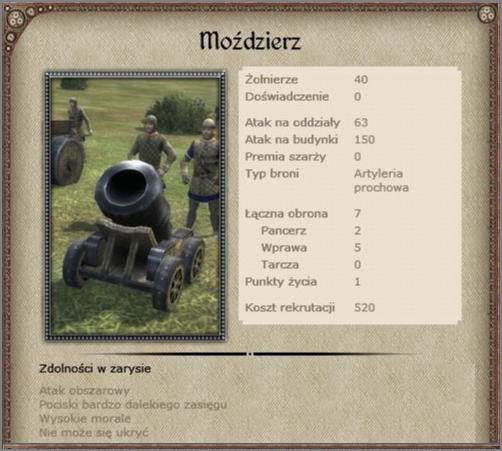 Identyczny jak w armii Angielskiej - Potężny kilkudziesięciocalowy moździerz, potrafi skutecznie ostrzelać ukryte za murami miasta formacje wroga, jak i niszczyć fortyfikacje - Szkocja - Armia (3) - BRITANNIA - Medieval II: Total War - Królestwa - poradnik do gry