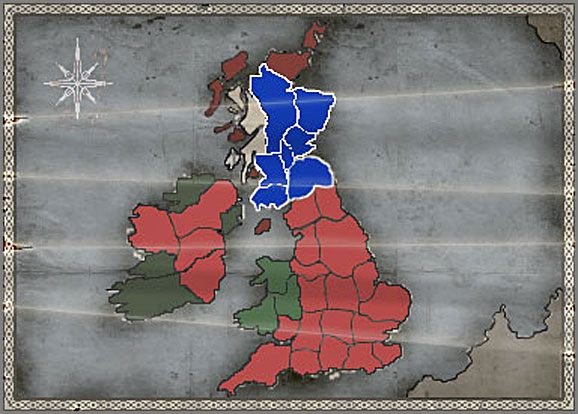 Dla Szkocji ( niebieski kolor ) mapa taktyczna nie ma znaczenia, kierunki ruchów armii są w zasadzie oczywiste - Szkocja - Ekspansja - BRITANNIA - Medieval II: Total War - Królestwa - poradnik do gry