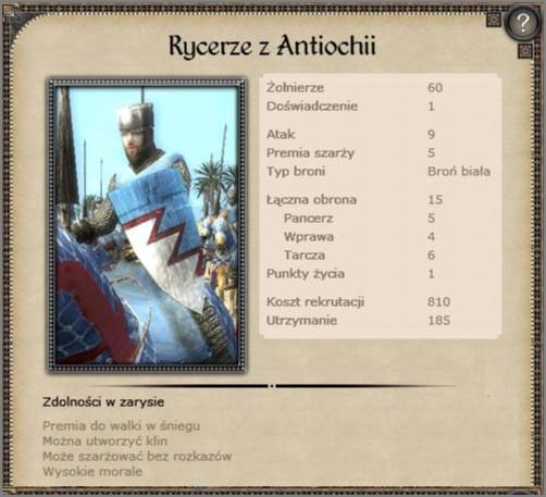 Identyczna formacja jak rycerze z Odessy, lecz niższe koszty rekrutacji - Królestwo Antiochii - Armia (3) - CRUSADES - Medieval II: Total War - Królestwa - poradnik do gry