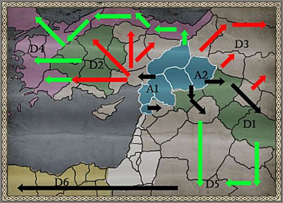 Zalecane Ruchy wojsk opisane w Akcie I, zaznaczone są czarnymi strzałkami - Królestwo Antiochii - Ekspansja - CRUSADES - Medieval II: Total War - Królestwa - poradnik do gry